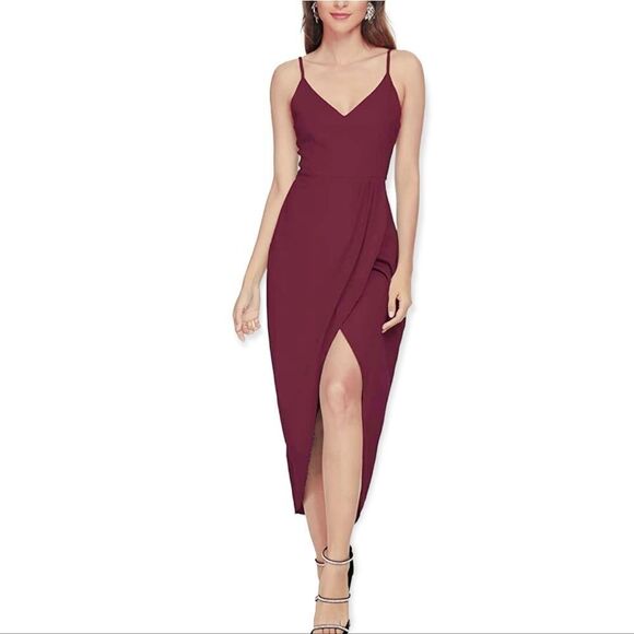 NWT Burgandy Backless Deep V-Neck Slit Long Party Dress - Picture 1 of 7